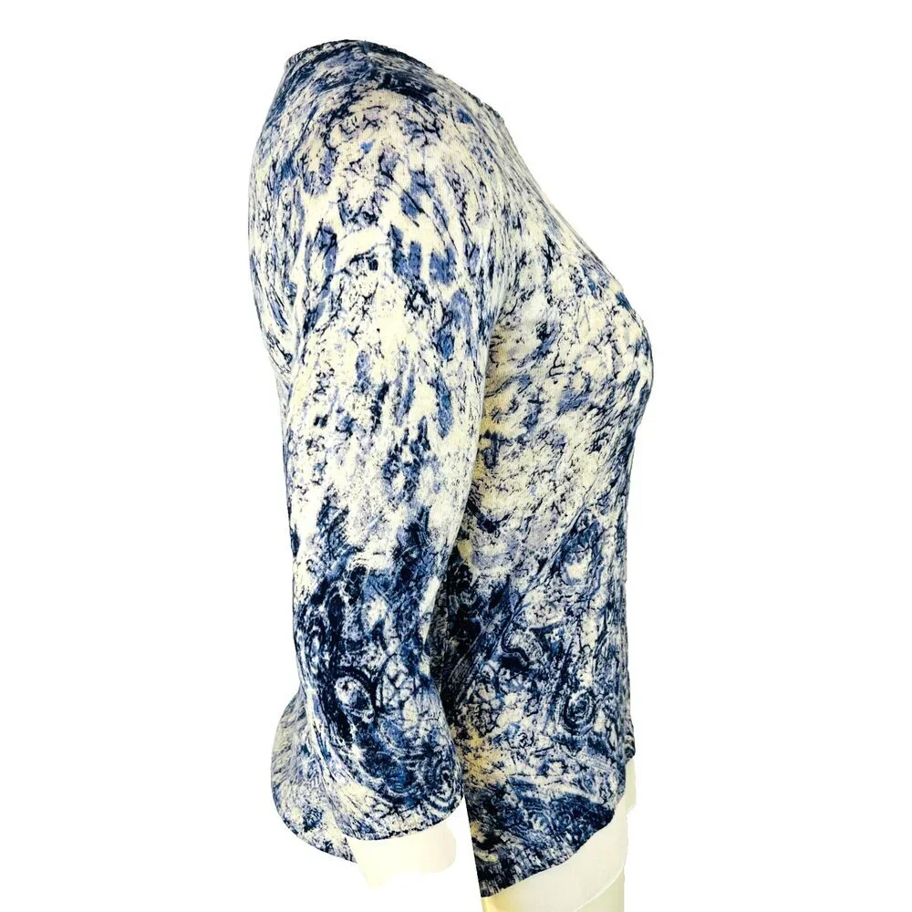 Chico's Sweater Tunic Womens S Blue Cream Abstract Roccoco Animal Print 3/4 Slve